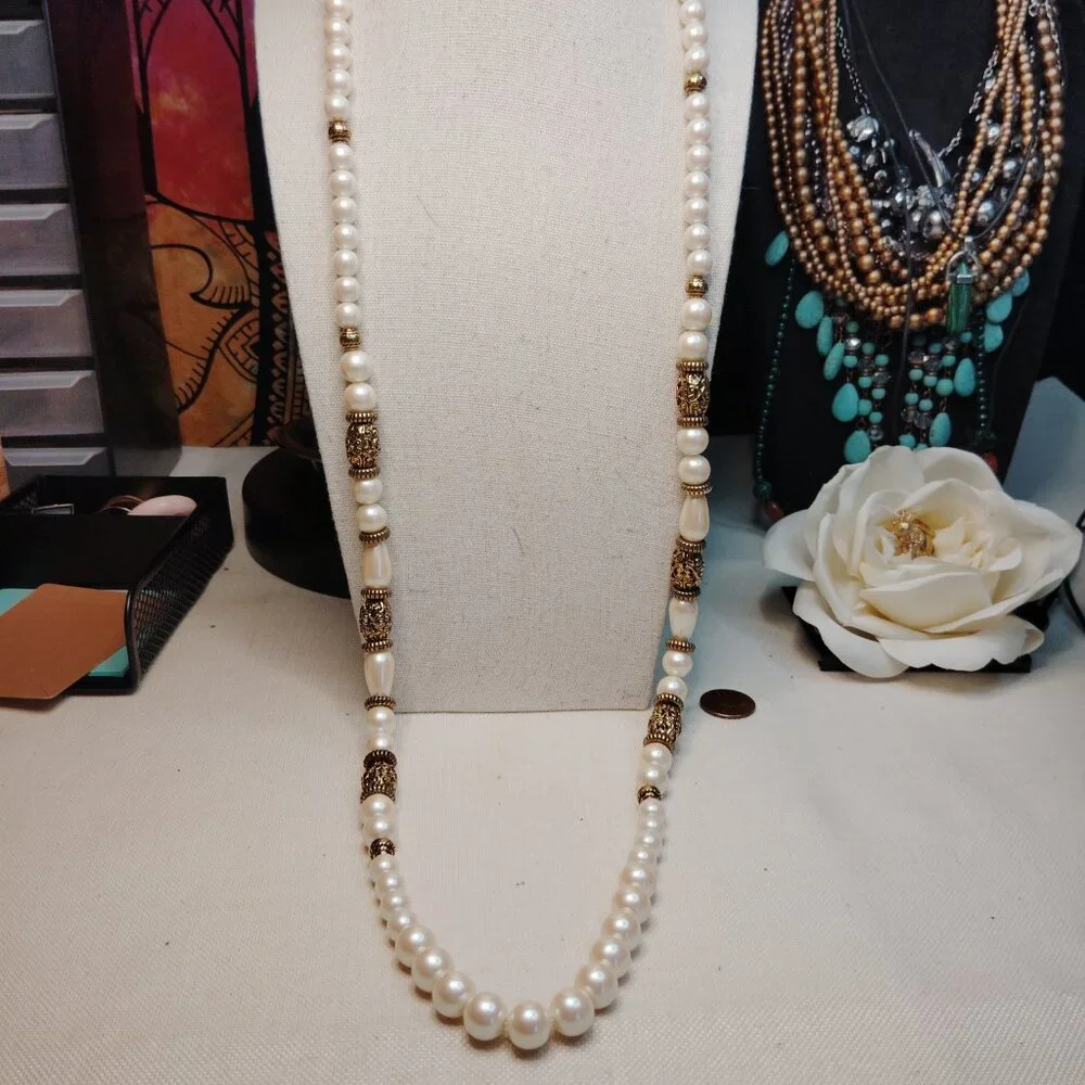 Vintage 1928 Gold Tone Faux Pearl Necklace 34 Inch